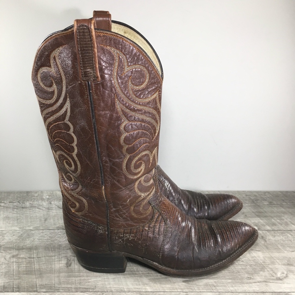 Vtg Dan Post Teju Lizard Leather Cowboy Western Pull On Men’s Riding Boots 10.5